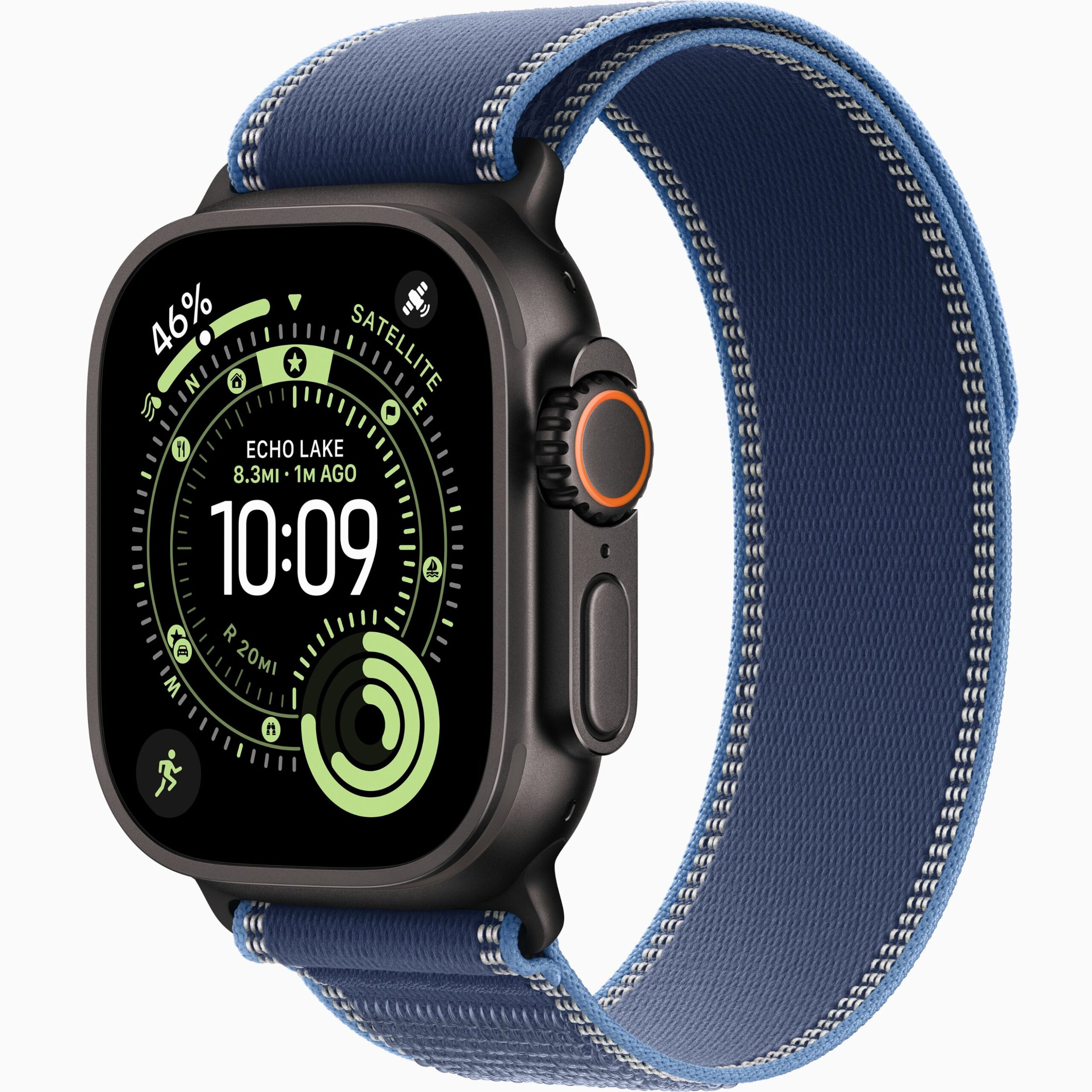 MG9Q4ref_VW_34FR+watch-case-49-titanium-black-ultra3_VW_34FR+watch-face-49-trail-ساعت هوشمند اپل مدل Ultra 3 Natural Titanium Case 49mm با بند تریل لوپ – رنگ بدنه مشکی اپل واچ اولترا 3 با بند تریل لوپ با رنگ بند آبی
